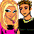 Pixelated cartoon-style icon featuring two characters with blonde and brown hair, wearing black tops over pink undershirts, positioned side-by-side.