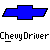 Blue Chevrolet bowtie logo with black outline above pixelated text reading 'Chewy Driver' on gray background.