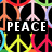 Pixelated icon with black background, white text "PEACE" centered, surrounded by colorful peace symbols in red, orange, pink, green, blue, yellow, and red.
