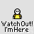 Pixel art character in yellow shirt performs sequential actions with text 'WatchOut! I'mHere' beneath each frame.
