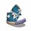 Animated sequence of blue high-top sneakers with white laces, purple soles, and beige accents on a plain background.