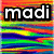 Two side-by-side text-based icons with pixelated lettering on a multicolored striped background, each displaying distinct names.