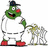 Pixelated green cartoon character in white uniform with red shoes and dark cap, holding a small green object near a gray structure with yellow accents.