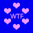 Blue background with scattered pink pixelated hearts and four instances of the text "WTF" in white pixelated font.