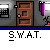 Animated contact sheet showing 12 sequential frames of a pixel-art animation featuring brown doors, purple-lit windows, and white speech bubbles with black figures, all labeled "S.W.A.T." in gray text below each frame.
