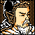 Pixelated static icon of a stylized character with light skin, orange hair, and black facial features against a black background with an orange dotted border.