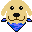Pixel art dog mascot with blue bandana in three animation frames showing eye and mouth changes.