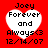 Red background with four white heart-shaped text boxes containing "Joey Forever and Always <3 12/14/07" in black pixelated font, two with visible heart outlines and two with fainter outlines.