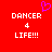 Red background with white pixelated text 'DANCER', '4', and 'LIFE!!!' in two identical vertical , each topped by a purple pixelated heart symbol