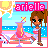 Pixel art icon featuring a cartoon character with brown hair in a ponytail, pink text reading 'arielle', and beach-themed background elements including sun, ocean, drink, and dog.