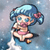 Pixelated cartoon character with blue hair in pigtails, pink bow, and pink outfit floating against a light blue gradient background.