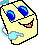 Pixelated yellow cartoon character with blue eyes and orange mouth, two side-by-side frames showing head tilt and eye position changes.