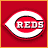 Animated sequence showing a pixelated Cincinnati Reds logo transitioning to a baseball player in red uniform.