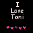 Pixelated text "I Love Toni" above five pink and purple heart icons on a black background, with animation changing heart colors.
