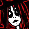 A static digital image with red and black color scheme featuring a stylized character, repeated text elements, and a tombstone graphic.