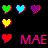 Pixelated heart icons in multiple colors arranged on black background with repeated 'MAE' text and heart symbols.