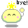 Pixelated yellow character with closed eyes, pink cheek marks, and green outline waves goodbye under 'bye!' text.