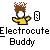 Pixelated character with brown spiky hair, yellow shirt, and gray limbs holding a yellow object, next to a black rectangular symbol with two dots, on gray background.