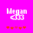 Pixelated white text 'Megan' above a stylized heart symbol with two smaller hearts inside, all on bright pink background with orange and red star-like shapes below.