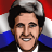 Pixelated portrait of a person with dark hair wearing a gray cap, blue shoulder accents on black clothing, and white collar against red-white-blue background.