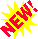 Pixelated 'NEW!' text in red and blue on yellow starburst shapes against gray background, varying sizes