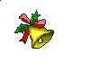 Pixelated golden bell with red ribbon and green holly, positioned against light gray background.