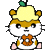 Pixelated hamster with yellow hair and green leaf, holding orange guitar, in six distinct poses showing varied expressions and motion lines.