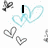 Animated icon with blue heart outlines, black text changing from 'I' to 'Love', and a name with '<3' symbol over gray hearts.