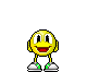 Yellow pixelated character with white eyes and red mouth in various poses, some with speech bubbles containing text.