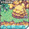 Pixel art landscape with rocky cliffs, green foliage, and blue water under a 'Preview' label.