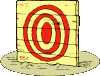 Animated sequence showing a target board with red and white concentric circles, arrows hitting the center, and a figure's head appearing from behind.