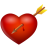 Red heart-shaped icon with brown arrow piercing through center, yellow fletching on arrow, and single red droplet below arrow tip on heart surface.