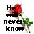 Static pixelated icon featuring a red rose with green leaves and stem overlaid on black text reading "He will never know" against a white background.