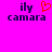 A static image with a bright pink background displays the text 'ily' above 'camara', where 'ily' is dark purple and 'camara' is also dark purple, with an orange pixelated heart symbol between them.