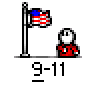 A 5x4 contact sheet of 20 animated frames showing a pixelated character in red clothing standing next to an American flag with the text "9-11" below each frame.