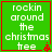 Green square icon with red border displaying white text 'rockin around the christmas tree' and a small red Christmas tree symbol.