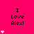 A bright pink background displays the text "I Love Alex!" in black pixelated font, with white heart symbols arranged vertically to the right of each instance.