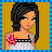 Pixelated icon of a woman with dark hair, light skin, and blue eyes wearing a white dress with black trim and pink floral design on shoulder against yellow background bordered by blue stripes.