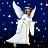 Animated angel figure in white robe with gold trim, wings spread against dark blue starry background.