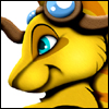 Yellow cartoon character with brown horns and blue goggles, showing a side profile with a slight smile.