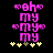 Pixelated pink text "oh my" with heart symbols and yellow stars on black background, showing animation change in star colors.