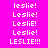 Pixelated text 'leslie!' variations on bright pink background with yellow highlight bars, some text in all caps with multiple exclamation marks.