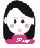 Pixelated cartoon avatar with black shoulder-length hair, pink cheeks, and a pink top with white and yellow text, showing two expressions.