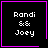 Four identical pixel-art with black backgrounds, purple borders, and white text reading "Randi && Joey" each contain a single small symbol in the bottom-right corner