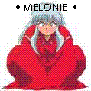 Pixelated character in red robe with silver hair, hands raised near head, text "MELONIE" above with black dots on white background.