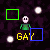 Animated contact sheet of 8 pixel art frames showing a green-shirted stick figure with changing text and colored boxes around 'GAY' or 'THIS IS GAY' over dark backgrounds with floating white/green orbs.