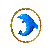 Blue dolphin in various poses within golden oval frames, transitioning from circular to vertical orientations across sequential views.