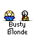 Pixel art contact sheet showing two animated frames of a cartoon character with blonde hair and blue outfit, each paired with a smaller black-and-white figure on the right.