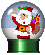 Santa Claus in a snow globe with green base, red suit, white beard, and holly on hat; holding gift bag and candy cane.