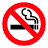 Red circular prohibition sign with diagonal red line crossing out a black cigarette emitting gray smoke, all on white background.